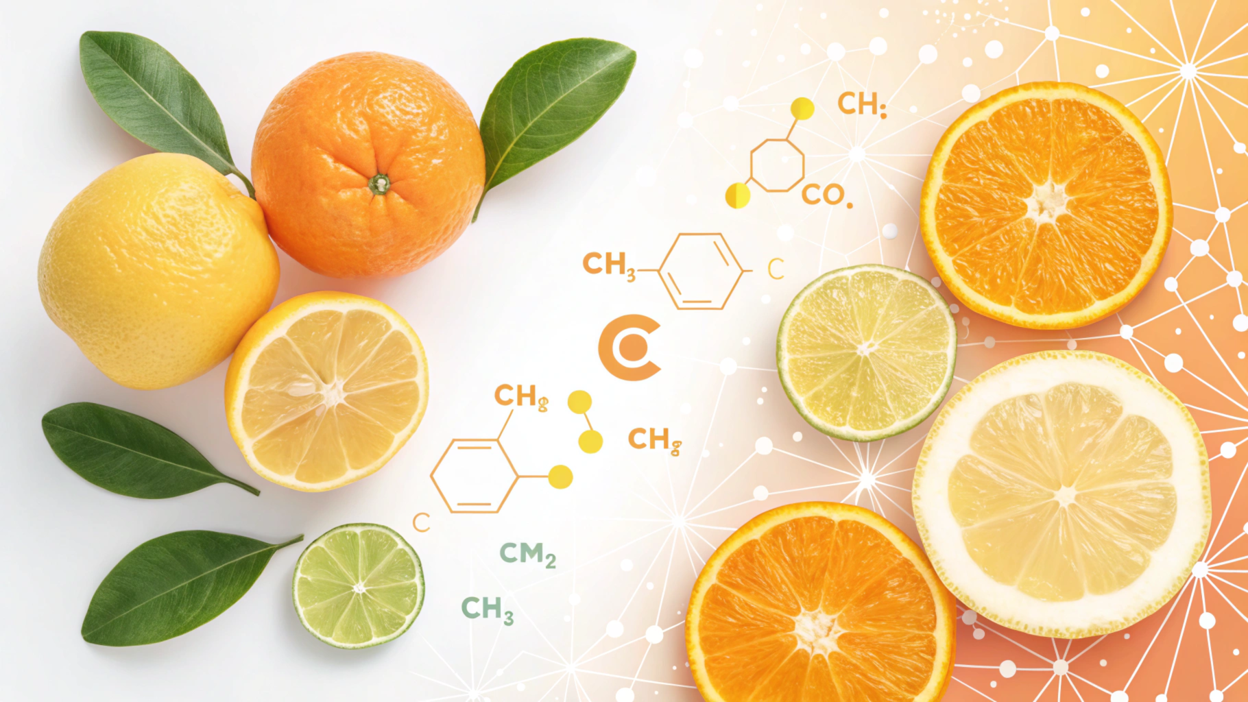 A timeline illustration with citrus fruits, showing life stages and health benefits of flavonoids