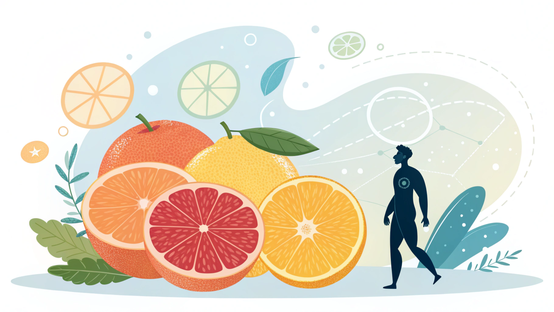 Citrus fruits and bioflavonoid compounds, including oranges and lemons, with molecular structures