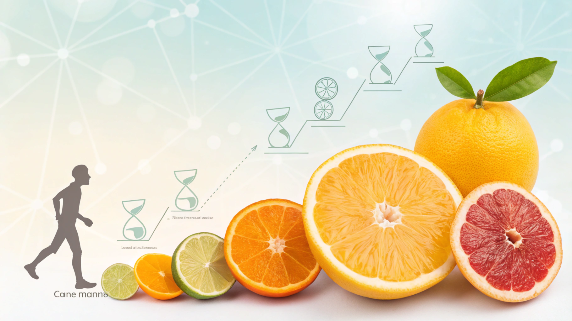 Colorful citrus fruits like oranges, grapefruits, and lemons, with a person symbolizing vitality